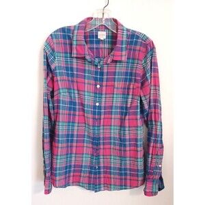 J. Crew Plaid Perfect Shirt Button Down Top M Pink Blue Long Sleeve Prep Casual